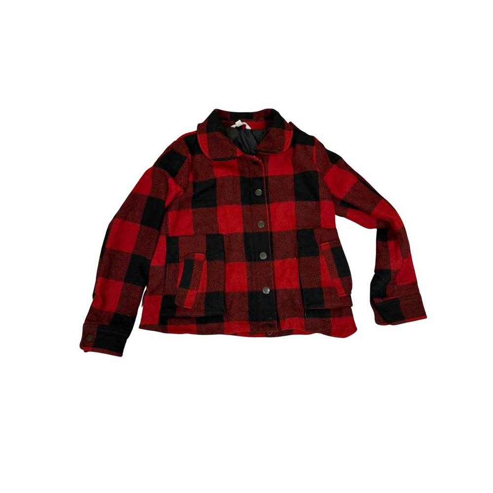 Vtg Relativity Buffalo Plaid Red Black Wool Blend Moto Coat Jacket Cardigan L